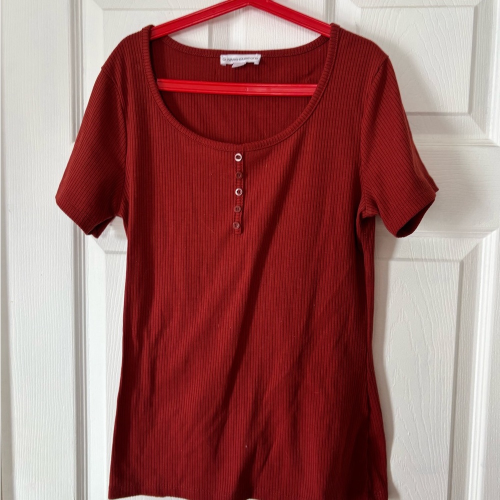 Warehouse Red Buttoned Ribbed Tee